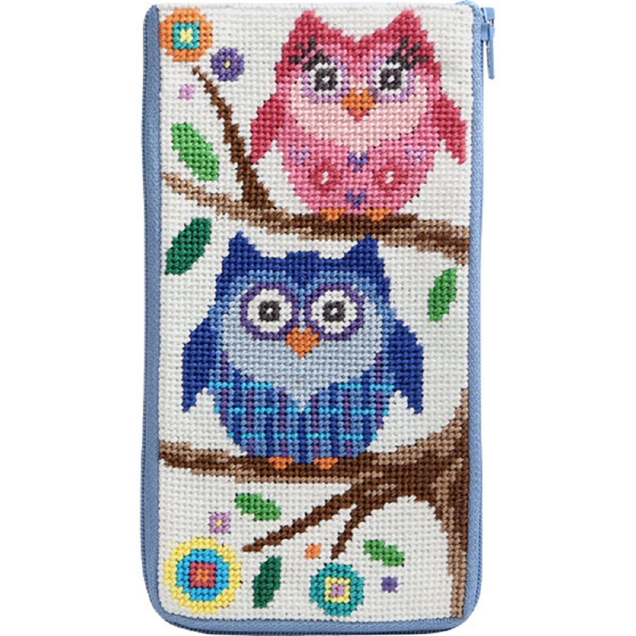 Stitch and Zip Preassembled Needlepoint Kit to Make Eyeglass or Cellphone Case Owls